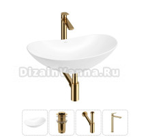 Накладная раковина для ванной комнаты Wellsee Carefree Dove 20212275R в наборе 4 в 1: раковина белый глянец, донный клапан, сифон, смеситель (цвет набора золото)