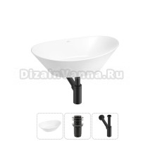 Накладная раковина для ванной комнаты Wellsee Dulcet Tones 20212238R в наборе 3 в 1: раковина белый глянец, донный клапан, сифон (цвет набора матовый черный)