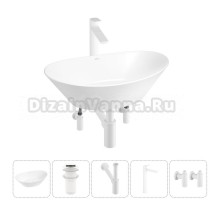 Накладная раковина для ванной комнаты Wellsee Dulcet Tones 20212216R в наборе 5 в 1: раковина белый глянец, донный клапан, сифон, смеситель, вентили (цвет набора матовый белый)
