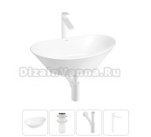 Накладная раковина для ванной комнаты Wellsee Dulcet Tones 20212212R в наборе 4 в 1: раковина белый глянец, донный клапан, сифон, смеситель (цвет набора матовый белый)