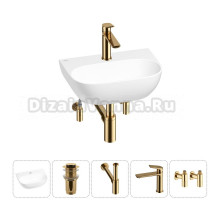Маленькая раковина в туалет Wellsee WC Area 20212199R в наборе 5 в 1: подвесная или накладная раковина, донный клапан, сифон, смеситель, вентили (цвет набора золото)