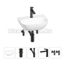 Маленькая раковина в туалет Wellsee WC Area 20212198R в наборе 5 в 1: подвесная или накладная раковина, донный клапан, сифон, смеситель, вентили (цвет набора матовый черный)