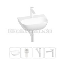 Маленькая раковина в туалет Wellsee WC Area 20212196R в наборе 4 в 1: подвесная или накладная раковина, донный клапан, сифон, смеситель (цвет набора матовый белый)