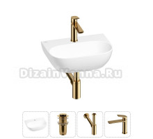 Маленькая раковина в туалет Wellsee WC Area 20212195R в наборе 4 в 1: подвесная или накладная раковина, донный клапан, сифон, смеситель (цвет набора золото)