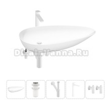 Накладная раковина для ванной комнаты Wellsee Faze Moment 20212172R в наборе 5 в 1: раковина белый глянец, донный клапан, сифон, смеситель, вентили (цвет набора матовый белый)