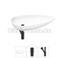 Накладная раковина для ванной комнаты Wellsee Faze Moment 20212162R в наборе 3 в 1: раковина белый глянец, донный клапан, сифон (цвет набора матовый черный)