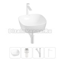 Накладная раковина для ванной комнаты Wellsee Ground Breaking 20212136R в наборе 4 в 1: раковина белый глянец, донный клапан, сифон, смеситель (цвет набора матовый белый)