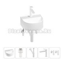 Маленькая раковина в туалет Wellsee WC Area 20212124R в наборе 5 в 1: подвесная или накладная раковина, донный клапан, сифон, смеситель, вентили (цвет набора матовый белый)