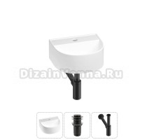 Маленькая раковина в туалет Wellsee WC Area 20212114R в наборе 3 в 1: подвесная или накладная раковина, донный клапан, сифон (цвет набора матовый черный)