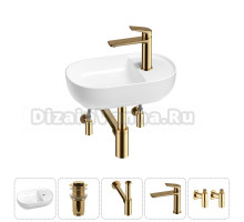Маленькая раковина в туалет Wellsee WC Area 20212107R в наборе 5 в 1: подвесная или накладная раковина, донный клапан, сифон, смеситель, вентили (цвет набора золото)