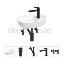Маленькая раковина в туалет Wellsee WC Area 20212106R в наборе 5 в 1: подвесная или накладная раковина, донный клапан, сифон, смеситель, вентили (цвет набора матовый черный)