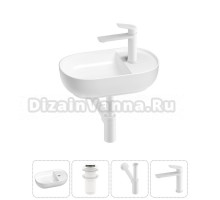 Маленькая раковина в туалет Wellsee WC Area 20212104R в наборе 4 в 1: подвесная или накладная раковина, донный клапан, сифон, смеситель (цвет набора матовый белый)