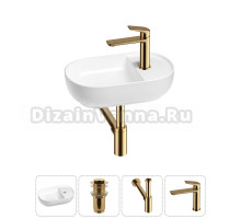 Маленькая раковина в туалет Wellsee WC Area 20212103R в наборе 4 в 1: подвесная или накладная раковина, донный клапан, сифон, смеситель (цвет набора золото)