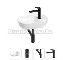 Маленькая раковина в туалет Wellsee WC Area 20212102R в наборе 4 в 1: подвесная или накладная раковина, донный клапан, сифон, смеситель (цвет набора матовый черный)