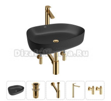 Накладная раковина для ванной комнаты Wellsee Belle Spa 3.0 20212744R в наборе 5 в 1: раковина матовая черная, донный клапан, сифон, смеситель, вентили (цвет набора золото)