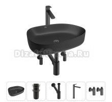 Накладная раковина для ванной комнаты Wellsee Belle Spa 3.0 20212743R в наборе 5 в 1: раковина матовая черная, донный клапан, сифон, смеситель, вентили (цвет набора матовый черный)