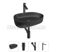 Накладная раковина для ванной комнаты Wellsee Belle Spa 3.0 20212740R в наборе 4 в 1: раковина матовая черная, донный клапан, сифон, смеситель (цвет набора матовый черный)