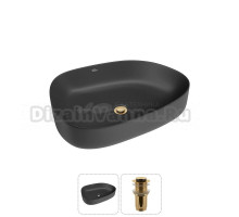 Накладная раковина для ванной комнаты Wellsee Belle Spa 3.0 20212735R в наборе 2 в 1: раковина матовая черная, донный клапан в цвете золото