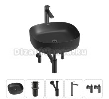 Накладная раковина для ванной комнаты Wellsee Belle Spa 3.0 20212715R в наборе 5 в 1: раковина матовая черная, донный клапан, сифон, смеситель, вентили (цвет набора матовый черный)