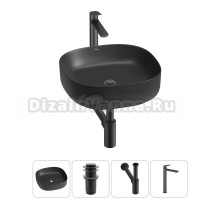 Накладная раковина для ванной комнаты Wellsee Belle Spa 3.0 20212712R в наборе 4 в 1: раковина матовая черная, донный клапан, сифон, смеситель (цвет набора матовый черный)
