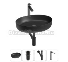 Накладная раковина для ванной комнаты Wellsee Belle Spa 3.0 20212684R в наборе 4 в 1: раковина матовая черная, донный клапан, сифон, смеситель (цвет набора матовый черный)