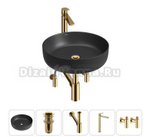 Накладная раковина для ванной комнаты Wellsee Belle Spa 3.0 20212660R в наборе 5 в 1: раковина матовая черная, донный клапан, сифон, смеситель, вентили (цвет набора золото)