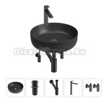Накладная раковина для ванной комнаты Wellsee Belle Spa 3.0 20212659R в наборе 5 в 1: раковина матовая черная, донный клапан, сифон, смеситель, вентили (цвет набора матовый черный)