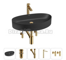 Накладная раковина для ванной комнаты Wellsee Belle Spa 2.0 20212632R в наборе 5 в 1: раковина матовая черная, донный клапан, сифон, смеситель, вентили (цвет набора золото)