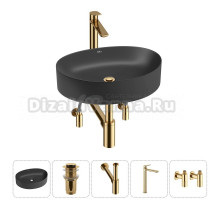 Накладная раковина для ванной комнаты Wellsee Belle Spa 2.0 20212604R в наборе 5 в 1: раковина матовая черная, донный клапан, сифон, смеситель, вентили (цвет набора золото)
