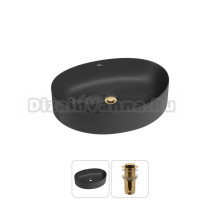 Накладная раковина для ванной комнаты Wellsee Belle Spa 2.0 20212595R в наборе 2 в 1: раковина матовая черная, донный клапан в цвете золото