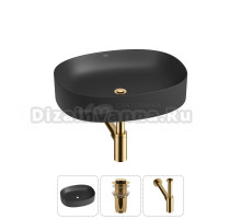 Накладная раковина для ванной комнаты Wellsee Belle Spa 2.0 20212570R в наборе 3 в 1: раковина матовая черная, донный клапан, сифон (цвет набора золото)