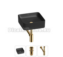 Накладная раковина для ванной комнаты Wellsee Mint 20212470R в наборе 3 в 1: раковина матовая черная, донный клапан, сифон (цвет набора золото)