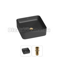 Накладная раковина для ванной комнаты Wellsee Mint 20212467R в наборе 2 в 1: раковина матовая черная, донный клапан в цвете золото