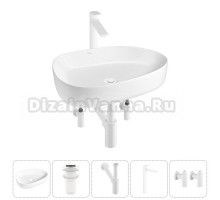 Накладная раковина для ванной комнаты Wellsee Belle Spa 3.0 20212732R в наборе 5 в 1: раковина белый глянец, донный клапан, сифон, смеситель, вентили (цвет набора матовый белый)