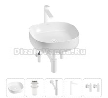 Накладная раковина для ванной комнаты Wellsee Belle Spa 3.0 20212704R в наборе 5 в 1: раковина белый глянец, донный клапан, сифон, смеситель, вентили (цвет набора матовый белый)