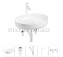 Накладная раковина для ванной комнаты Wellsee Belle Spa 3.0 20212676R в наборе 5 в 1: раковина белый глянец, донный клапан, сифон, смеситель, вентили (цвет набора матовый белый)