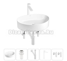 Накладная раковина для ванной комнаты Wellsee Belle Spa 2.0 20212592R в наборе 5 в 1: раковина белый глянец, донный клапан, сифон, смеситель, вентили (цвет набора матовый белый)