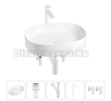 Накладная раковина для ванной комнаты Wellsee Belle Spa 2.0 20212564R в наборе 5 в 1: раковина белый глянец, донный клапан, сифон, смеситель, вентили (цвет набора матовый белый)