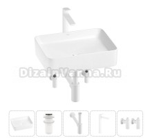Накладная раковина для ванной комнаты Wellsee Mint 20212492R в наборе 5 в 1: раковина белый глянец, донный клапан, сифон, смеситель, вентили (цвет набора матовый белый)
