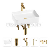 Накладная раковина для ванной комнаты Wellsee Mint 20212491R в наборе 5 в 1: раковина белый глянец, донный клапан, сифон, смеситель, вентили (цвет набора золото)