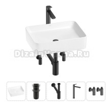 Накладная раковина для ванной комнаты Wellsee Mint 20212490R в наборе 5 в 1: раковина белый глянец, донный клапан, сифон, смеситель, вентили (цвет набора матовый черный)