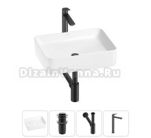Накладная раковина для ванной комнаты Wellsee Mint 20212486R в наборе 4 в 1: раковина белый глянец, донный клапан, сифон, смеситель (цвет набора матовый черный)