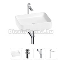 Накладная раковина для ванной комнаты Wellsee Mint 20212485R в наборе 4 в 1: раковина белый глянец, донный клапан, сифон, смеситель (цвет набора хром)