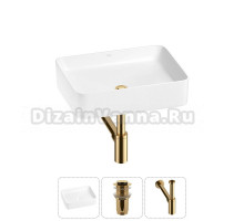 Накладная раковина для ванной комнаты Wellsee Mint 20212483R в наборе 3 в 1: раковина белый глянец, донный клапан, сифон (цвет набора золото)