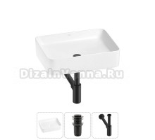 Накладная раковина для ванной комнаты Wellsee Mint 20212482R в наборе 3 в 1: раковина белый глянец, донный клапан, сифон (цвет набора матовый черный)