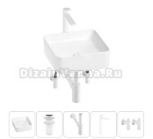 Накладная раковина для ванной комнаты Wellsee Mint 20212464R в наборе 5 в 1: раковина белый глянец, донный клапан, сифон, смеситель, вентили (цвет набора матовый белый)