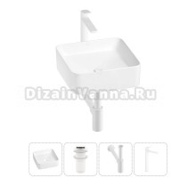 Накладная раковина для ванной комнаты Wellsee Mint 20212460R в наборе 4 в 1: раковина белый глянец, донный клапан, сифон, смеситель (цвет набора матовый белый)