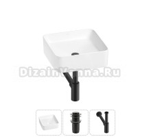Накладная раковина для ванной комнаты Wellsee Mint 20212454R в наборе 3 в 1: раковина белый глянец, донный клапан, сифон (цвет набора матовый черный)