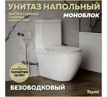 Унитаз напольный Моноблок Teymi Lina безободковый, сиденье микролифт T41102