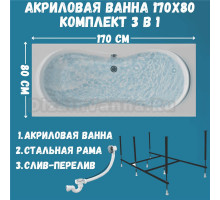 Акриловая ванна 1MarKa Dinamika Стандарт 2 170x80 см, встраиваемая, белая, с каркасом, для двоих, со сливом-переливом